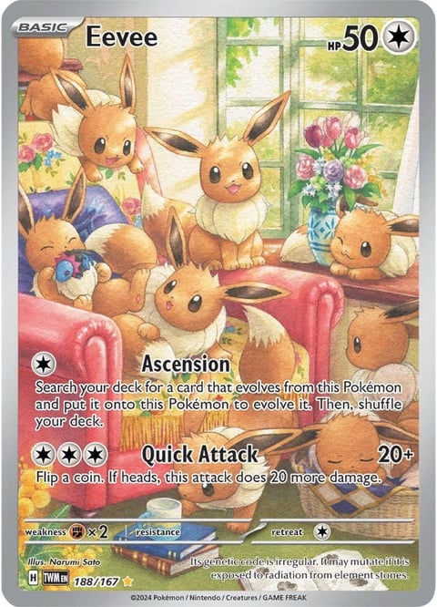 Eevee Pokémon card showing multiple Eevee characters in a cozy room with flowers, HP 50, featuring Ascension and Quick Attack abilities