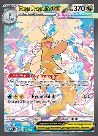 Mega Dragonite GX Pokemon card showing orange dragon surrounded by blue sparkles and pink clouds with attack moves listed