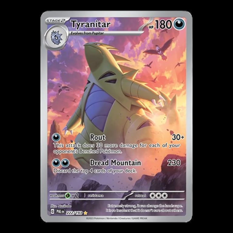 Pokemon Tyranitar Stage 2 card with 180 HP, featuring the creature against a purple and orange sky background with flying Pokemon