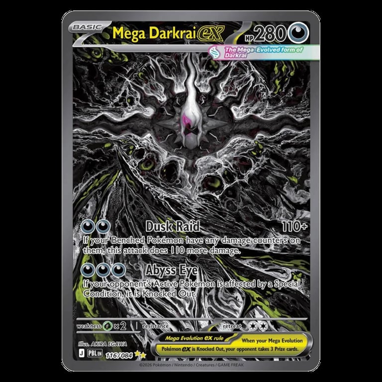 Mega Darkrai-EX Pokémon trading card with 280 HP featuring Dusk Raid and Abyss Eye attacks on dark background