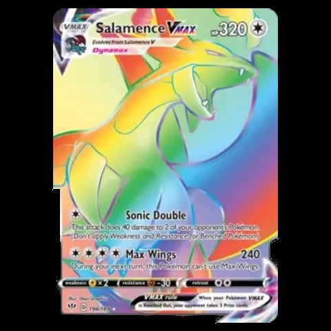 Salamence VMAX Pokemon trading card with yellow and green gradient design, showing HP 320 and moves Sonic Double and Max Wings