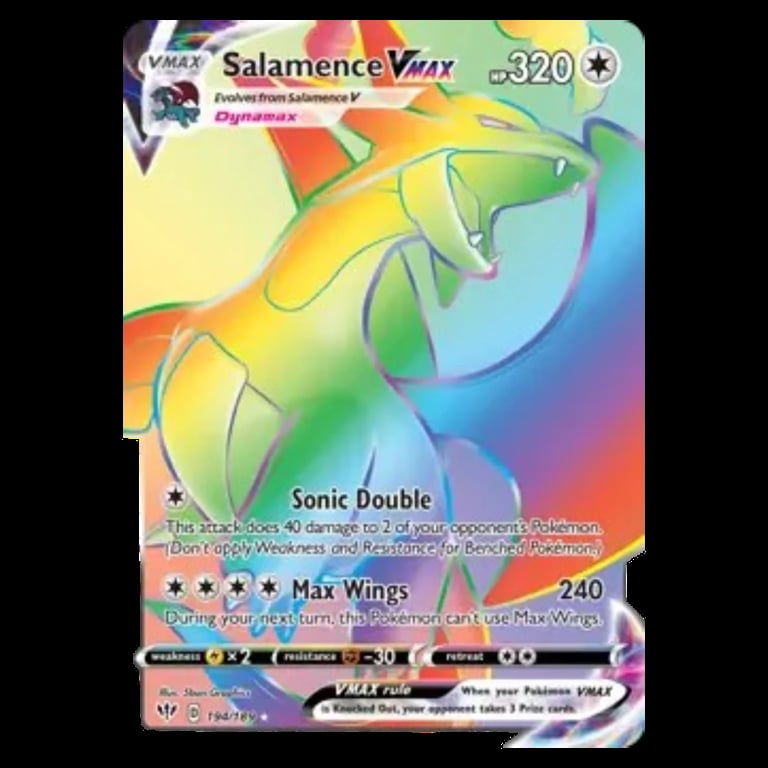 Salamence VMAX Pokemon trading card with yellow and green gradient design, showing HP 320 and moves Sonic Double and Max Wings