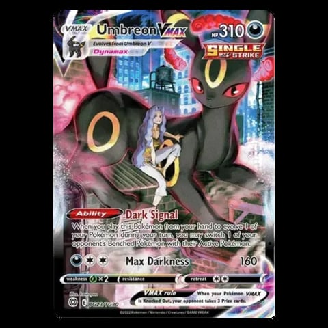 Umbreon VMAX Pokémon trading card showing the dark-type evolution with its signature yellow ring markings and 310 HP