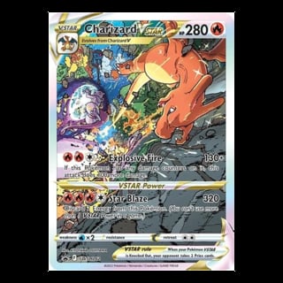 Charizard VSTAR Pokémon trading card with 280 HP, featuring Explosive Fire and Star Blaze attacks
