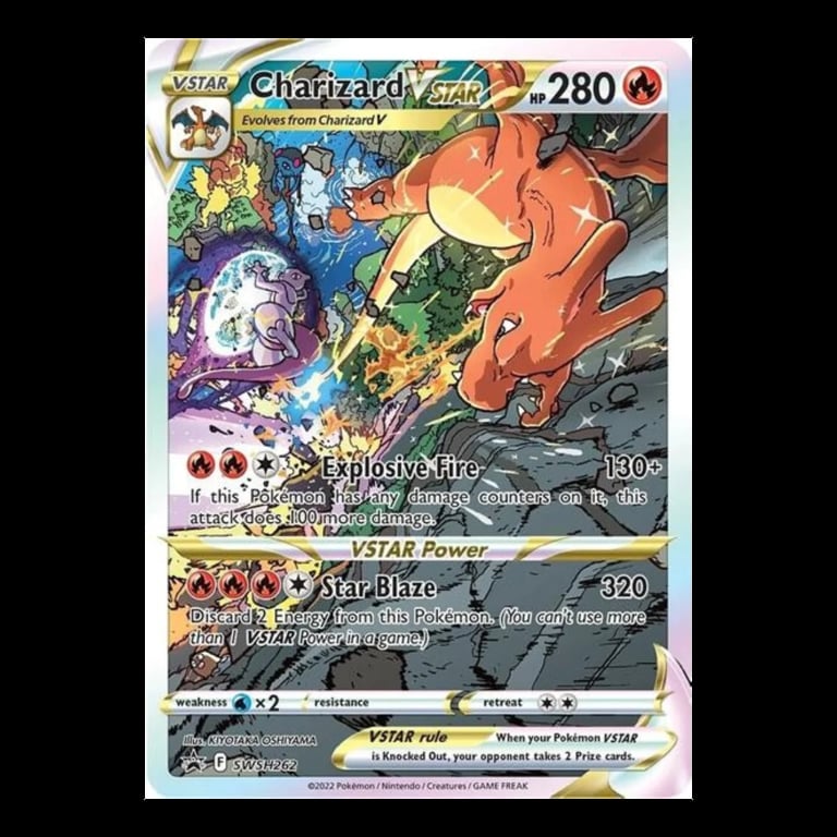Charizard VSTAR Pokémon trading card with 280 HP, featuring Explosive Fire and Star Blaze attacks