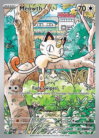 Meowth Pokémon trading card showing the cat Pokémon in a garden setting with attack description and stats