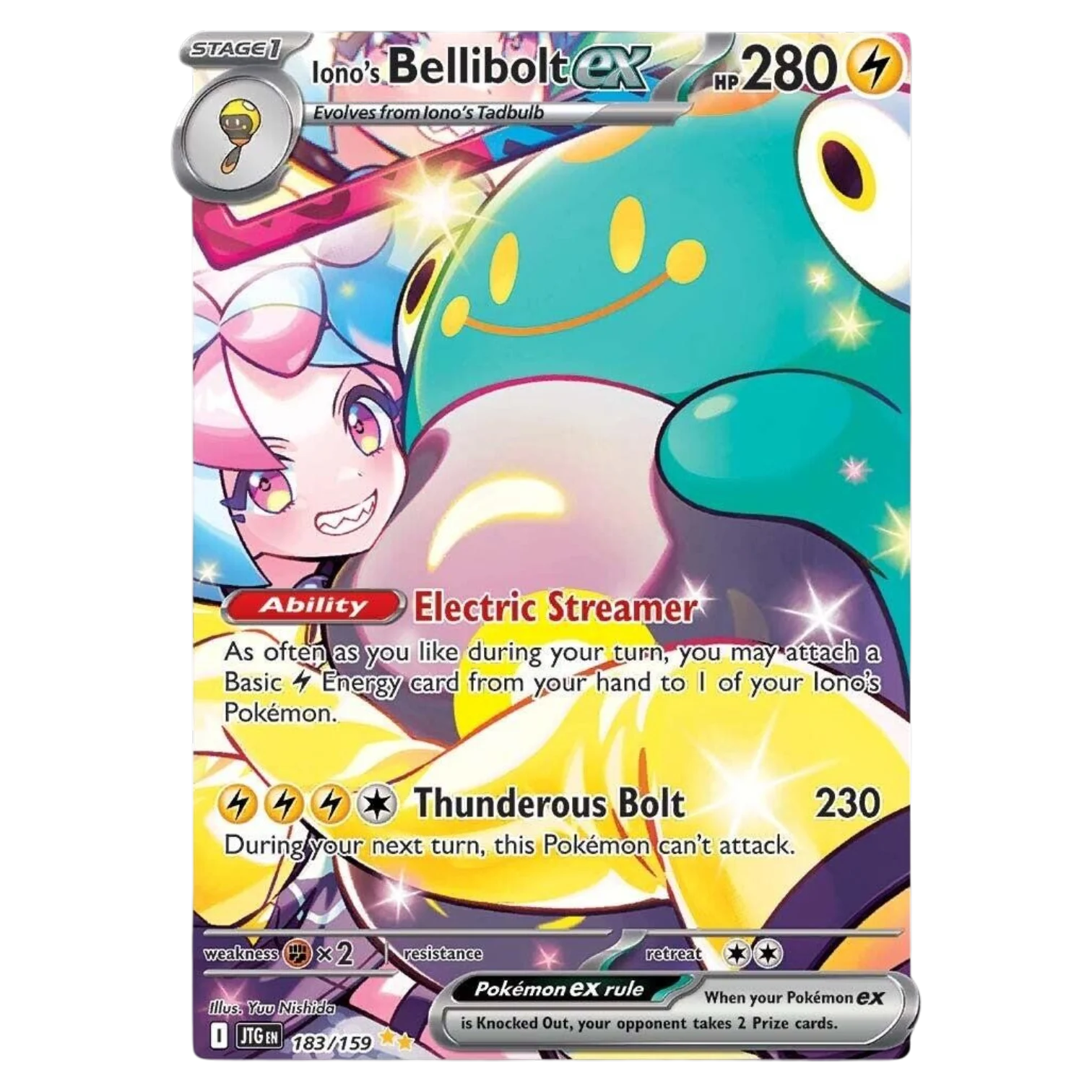 Ionos Bellibolt EX Pokémon trading card with Electric Streamer ability and Thunderous Bolt attack, 280 HP