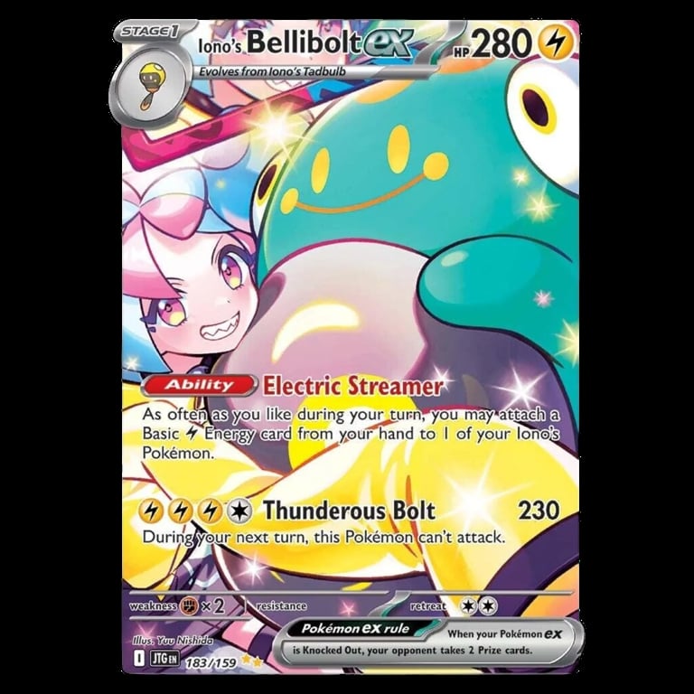Ionos Bellibolt EX Pokémon trading card with Electric Streamer ability and Thunderous Bolt attack, 280 HP