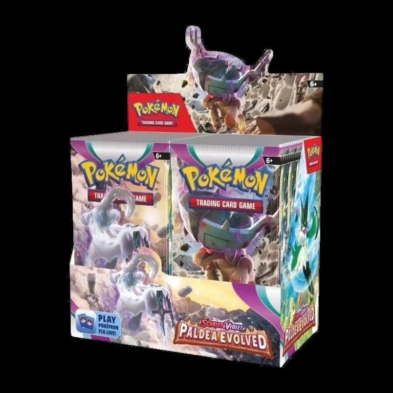 Pokemon Paldea Evolved booster box displaying product packaging and artwork on black background