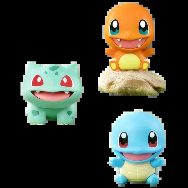Three Pokémon starter characters: green Bulbasaur, orange Charmander on a rock, and blue Squirtle arranged together
