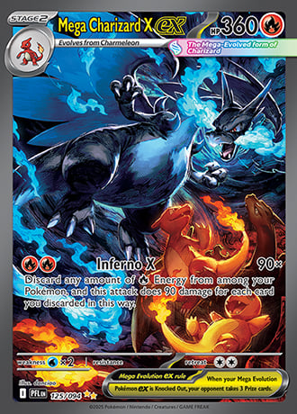 Mega Charizard X EX Pokemon trading card featuring blue dragon with fire attack against orange flames background