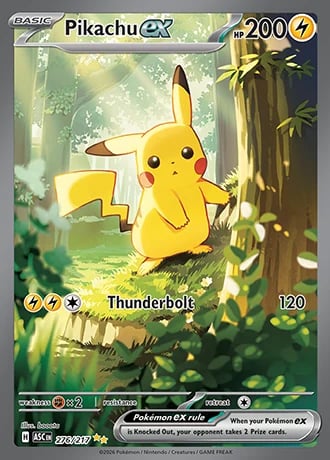 Pikachu EX Pokemon trading card with 200 HP, featuring the electric mouse Pokemon in a forest setting with Thunderbolt attack.