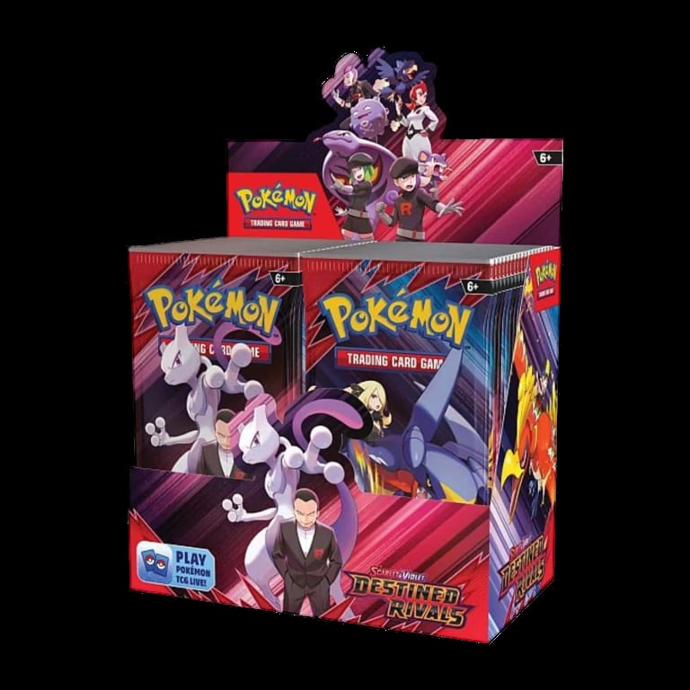 Pokemon Trading Card Game Destined Rivals booster box with purple Meowscarada artwork and trading card visuals on red background