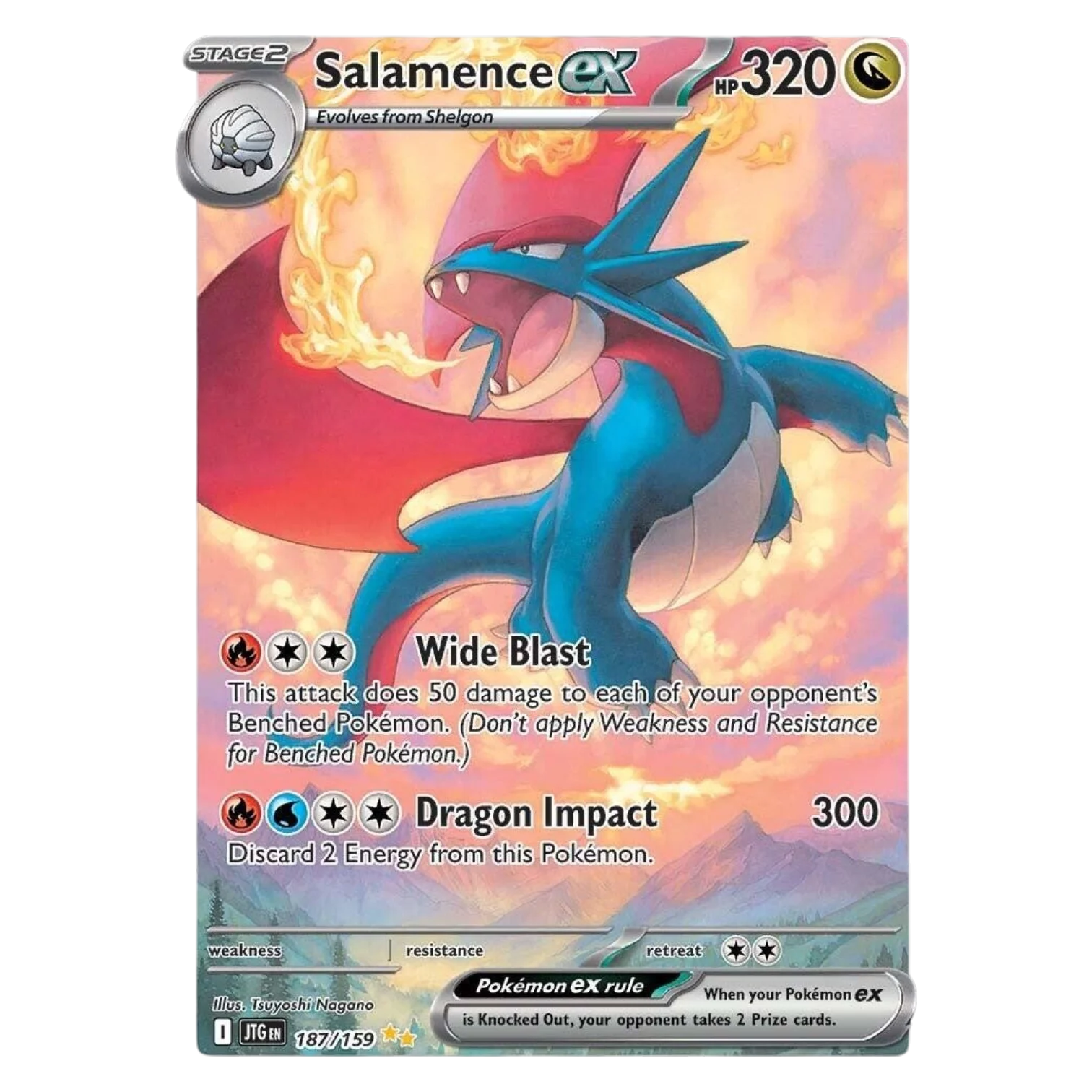 Salamence EX Pokemon card with 320 HP showing Wide Blast and Dragon Impact attacks on fiery background