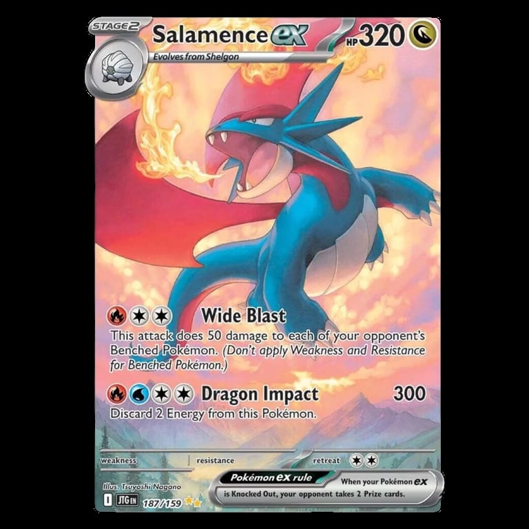 Salamence EX Pokemon card with 320 HP showing Wide Blast and Dragon Impact attacks on fiery background