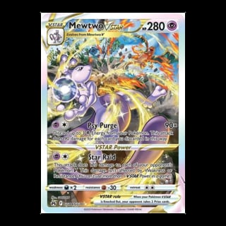 Mewtwo VSTAR Pokemon card with purple psychic-type creature, 280 HP, showing Psy Purge and Star Raid attack moves