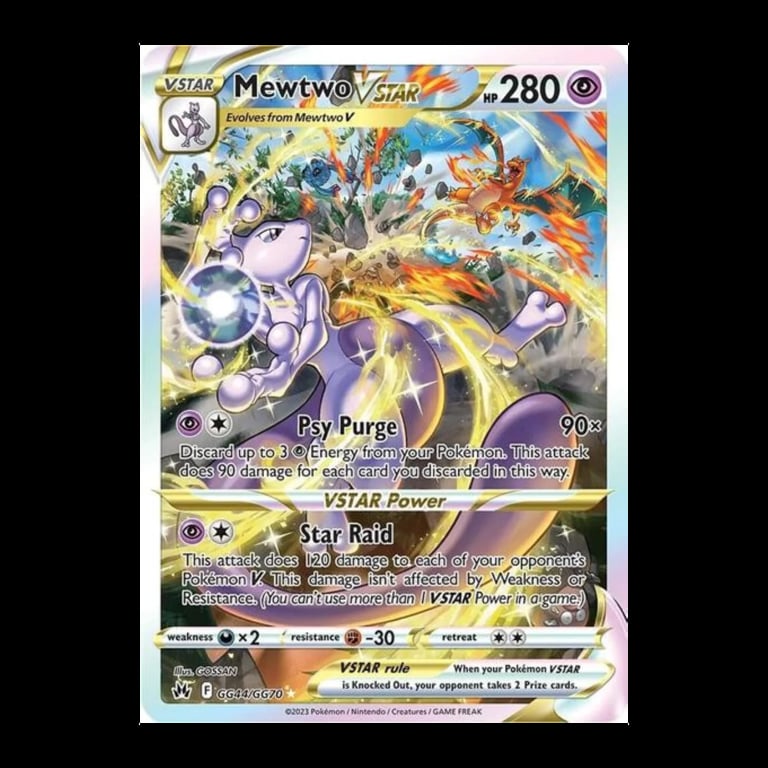 Mewtwo VSTAR Pokemon card with purple psychic-type creature, 280 HP, showing Psy Purge and Star Raid attack moves