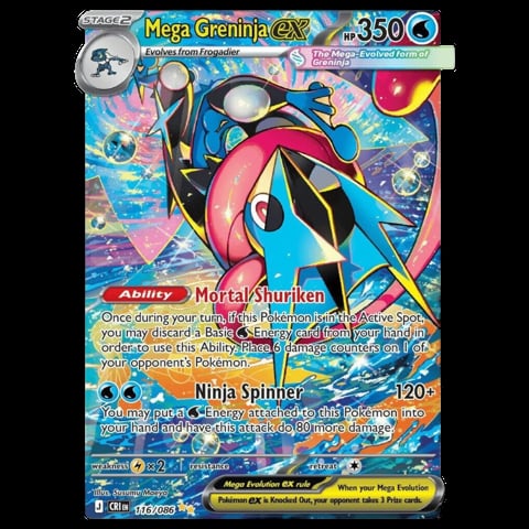 Mega Greninja EX Pokemon card showing blue ninja-like creature with red accents, HP 350, featuring Mortal Shuriken ability and Ninja Spinner attack
