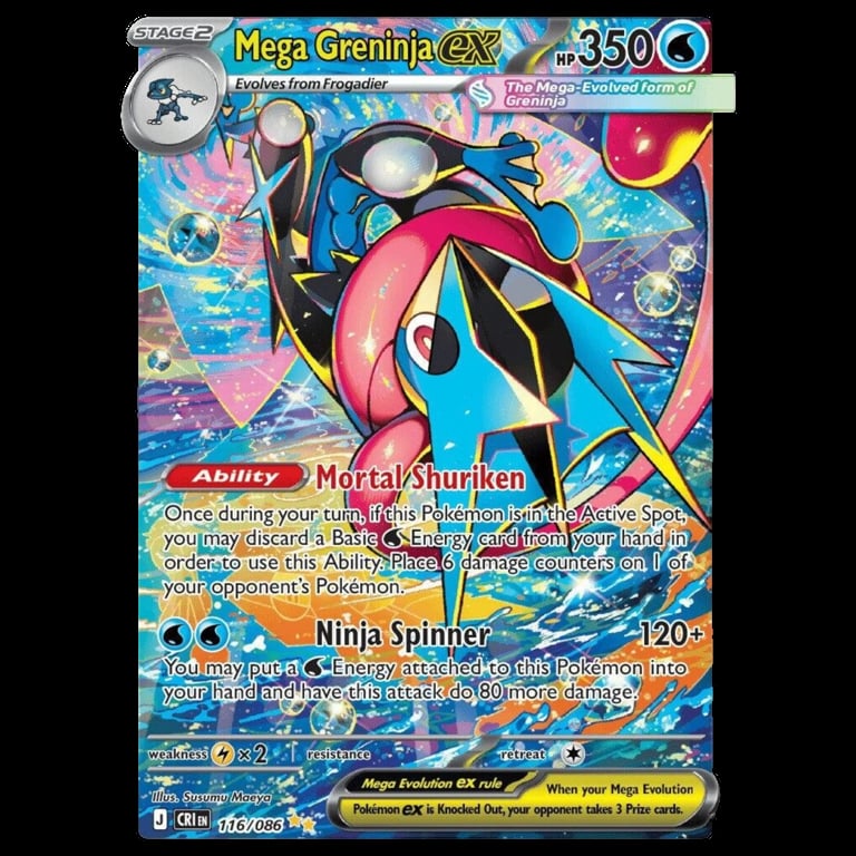 Mega Greninja EX Pokemon card showing blue ninja-like creature with red accents, HP 350, featuring Mortal Shuriken ability and Ninja Spinner attack
