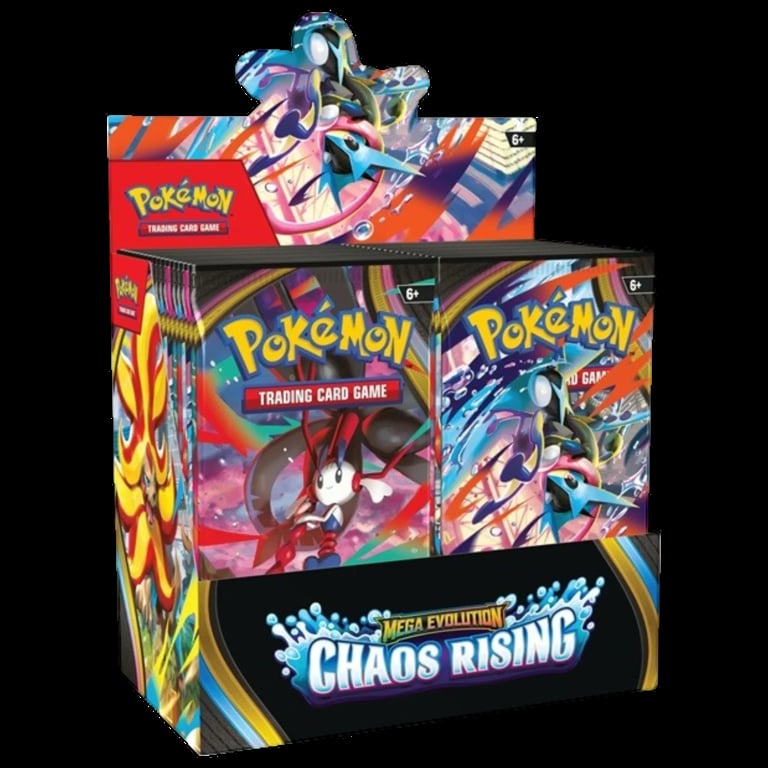 Pokémon Scarlet and Violet Chaos Rising booster box with illustrated Pokémon character artwork on colorful packaging