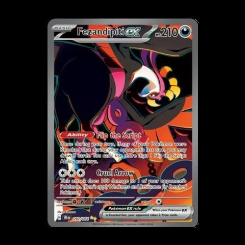 Fezandipiti EX Pokémon card displaying a black and purple bird-like creature with colorful markings and a HP of 210