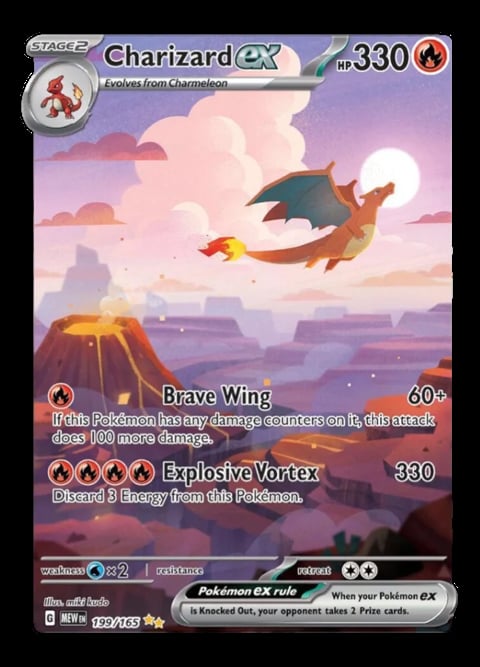 Charizard EX Pokemon trading card showing a dragon flying over a canyon landscape with attack moves Brave Wing and Explosive Vortex