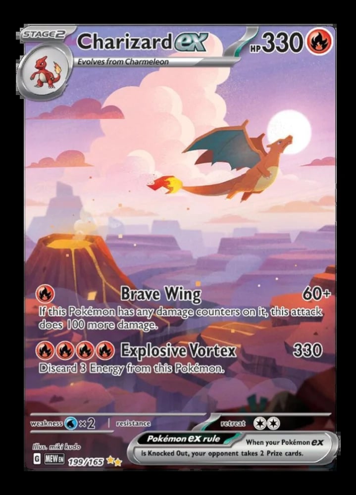 Charizard EX Pokemon trading card showing a dragon flying over a canyon landscape with attack moves Brave Wing and Explosive Vortex
