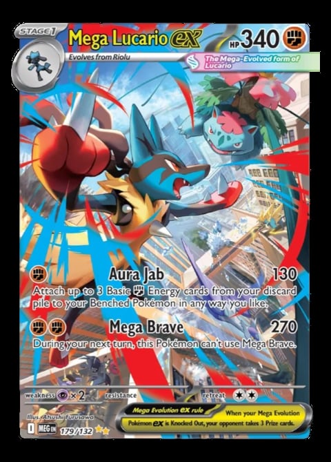 Mega Lucario EX Pokémon trading card showing 340 HP with Aura Jab and Mega Brave attacks displayed