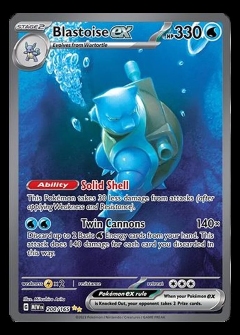 Blastoise EX Stage 2 Pokemon trading card with blue water type design and attack abilities Twin Cannons