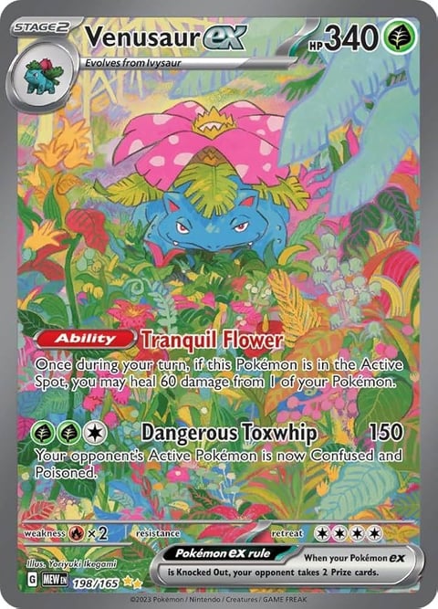 Venusaur EX Pokémon card showing a pink flower creature with 340 HP, featuring Tranquil Flower ability and Dangerous Toxwhip attack