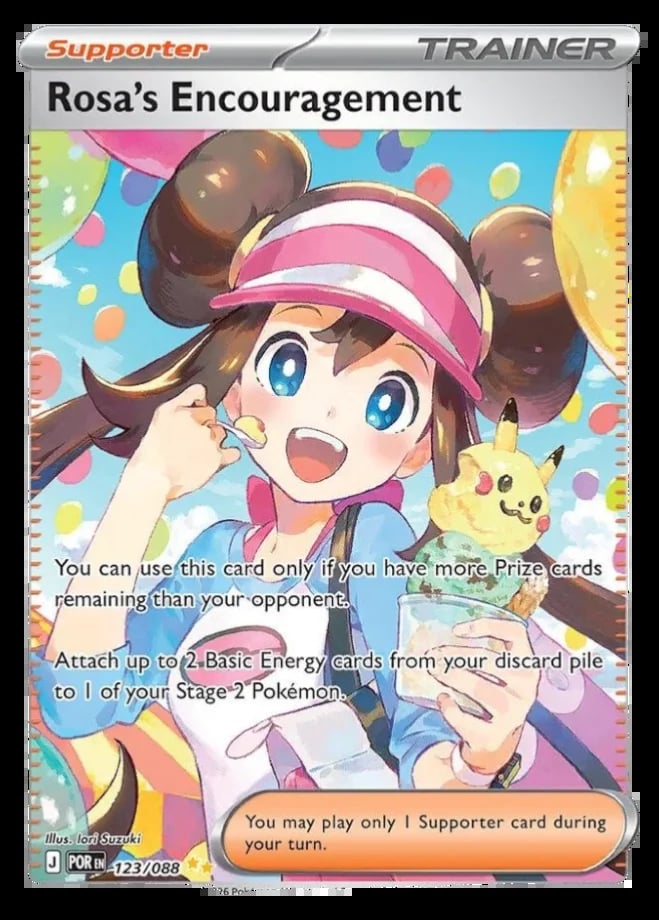 Rosas Encouragement Pokémon Trainer card featuring an anime girl with pink hat smiling, holding a Pikachu, surrounded by balloons and confetti