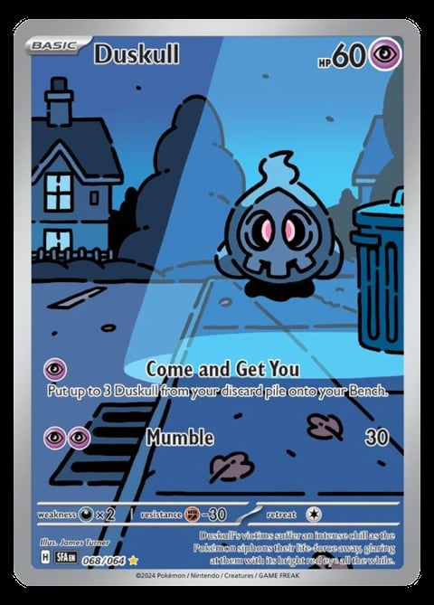 Duskull Pokemon card showing a ghost-like creature with glowing red eyes on a spooky blue background with a haunted house