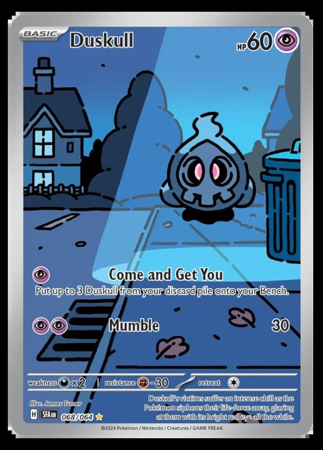 Duskull Pokemon card showing a ghost-like creature with glowing red eyes on a spooky blue background with a haunted house