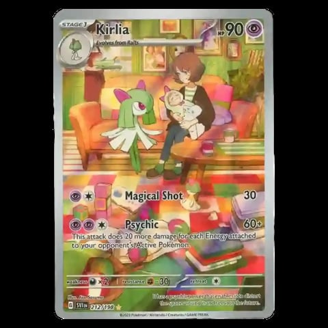 Kirlia Pokémon trading card showing a green-haired character with a human in a colorful living room setting