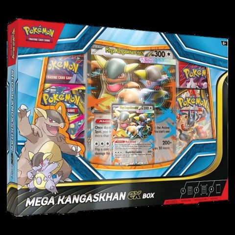 Pokémon Mega Kangaskhan GX Box collection set featuring cards, Kangaskhan character artwork, and game materials