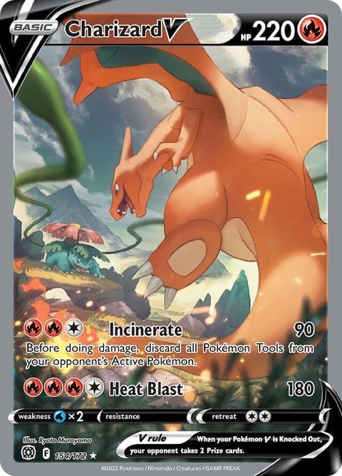 Charizard V Pokémon trading card with 220 HP, showing the orange dragon against a mountainous background with attack moves Incinerate and Heat Blast