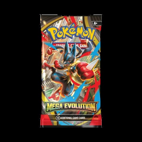 Pokemon Trading Card Game Mega Evolution booster pack featuring red and blue artwork with Mega Evolution Pokemon and gold logo