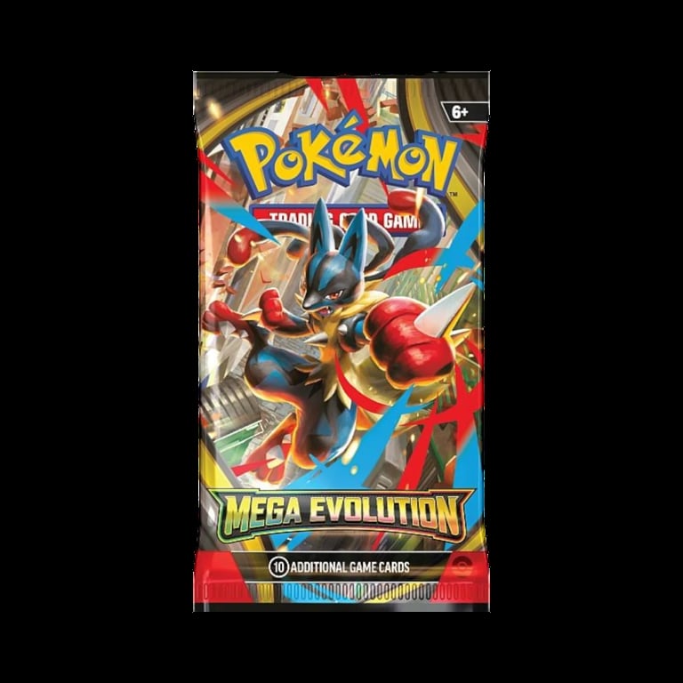 Pokemon Trading Card Game Mega Evolution booster pack featuring red and blue artwork with Mega Evolution Pokemon and gold logo