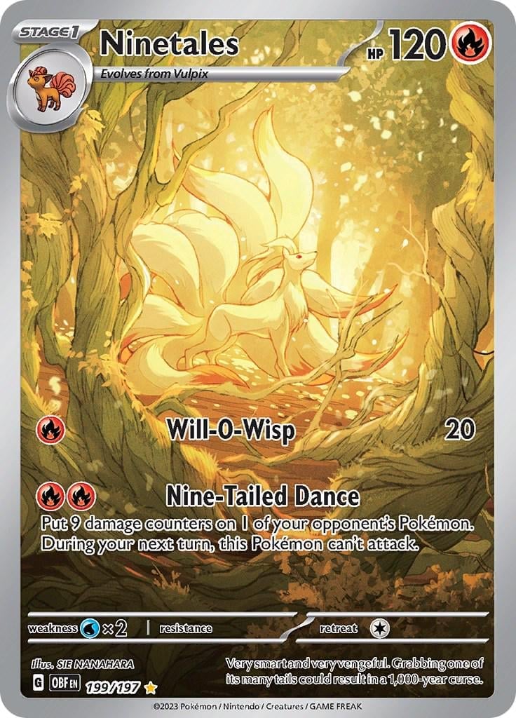 Ninetales Pokemon card showing Stage 1 fire-type with 120 HP, featuring Will-O-Wisp and Nine-Tailed Dance abilities