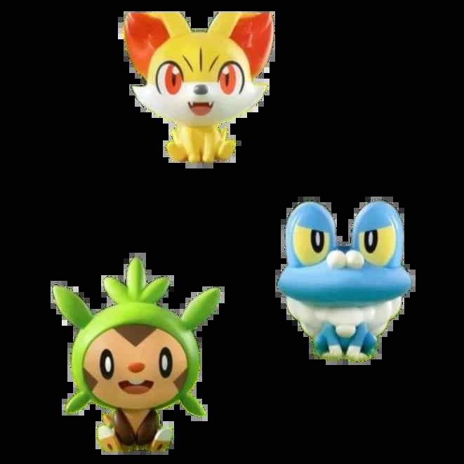 Three Pokémon starter characters: yellow fox-like Fennekin, green spiky Chespin, and blue frog-like Froakie sitting against a black background