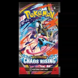 Pokemon Scarlet and Violet Chaos Rising trading card booster pack with colorful artwork of Pokemon characters