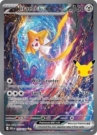 Jirachi EX Pokemon card showing Jirachi against a colorful cosmic background with card details and attacks listed