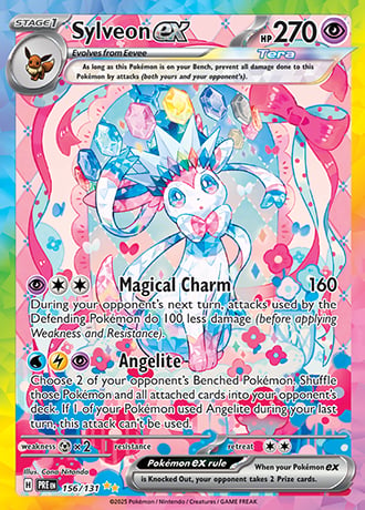Sylveon EX Pokémon trading card with 270 HP featuring pink and blue colorful artwork and move descriptions